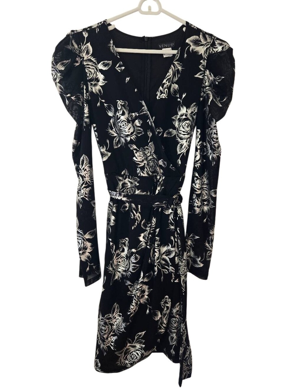 Venus Black & Silver Long Sleeve Floral Dress